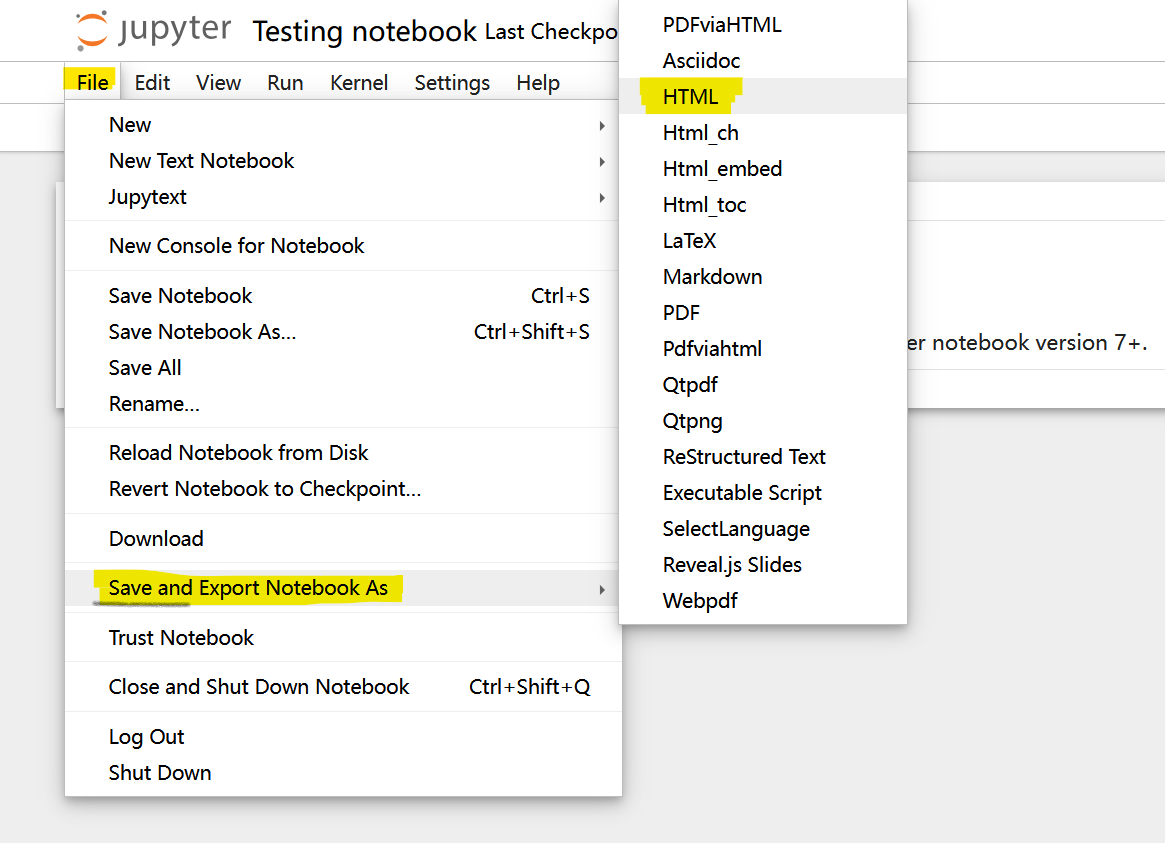A picture of the toolbar in Jupyter notebook's interface, where you click the File > Save and Export Notebook As > HTML